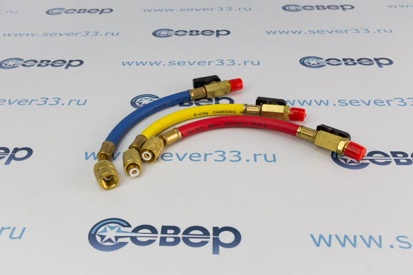 Шланг заправочный с вентилями 14 SAE 22 см (компл. 3 шт.)  600 Psi (41 бар) R12, R22, R134, 404_2