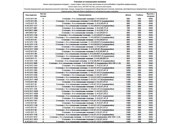 Стеллаж со сплошными 4мя полками, 500-глубина
